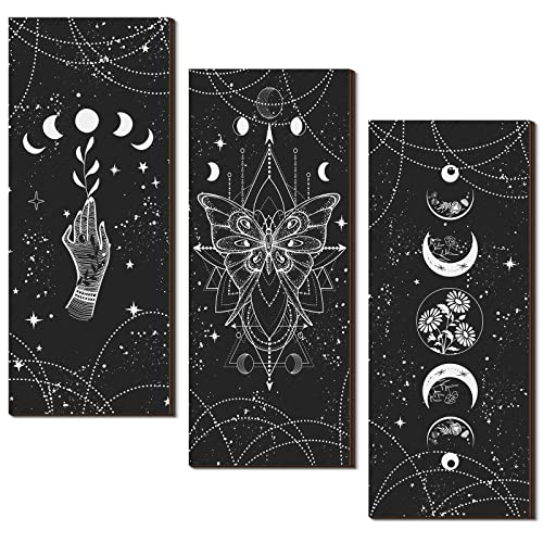 3 Pcs Rustic Boho Wall Decor Moon Phases Wall Art Stars and Moon Gothic Wall Decor Minimalist Bohemian Room Decor Witchy Decor Wooden Moon Phase Wall Hanging Farmhouse Wall Sign for Home (Dark Color) - Dark Color