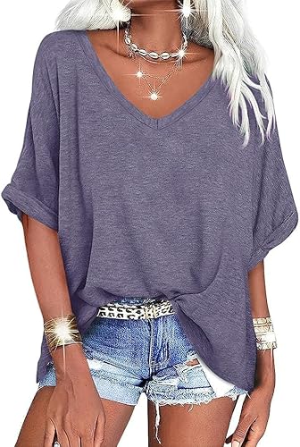 UNCLECAT Women's V Neck Oversized T-Shirts Summer Short Sleeve Shirts Loose Casual Tops Tee - X-Large - Purple