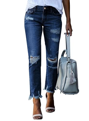 Sidefeel Women's Ripped Jeans Straight Leg Distressed Boyfriend Denim Pants - 16 - A Bluing