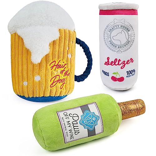 PrimePets Dog Toys, 3 Pack, Plush Squeaky Dog Toys for Medium, Small and Large Dogs, Beer Dog Toy, Funny Cute Dog Gift for Dog Birthday - Beer, Beer Can, Wine - 3 Pack