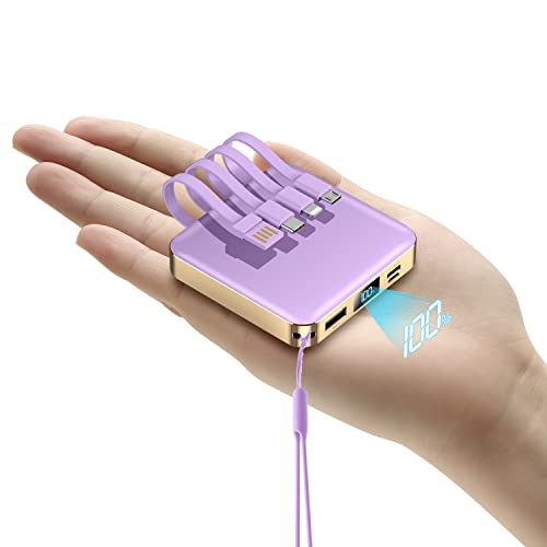 ummz 12000mAh Small Power Bank,Mini Portable Charger Built in 4 Cables,USB C Input/Output with Smart LED Display,External Battery Portable Charger Power Bank for iPhone,Tablet,Samsung - Purple