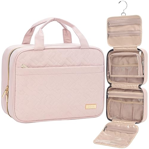 NISHEL Travel Toiletry Bag for women, Portable Hanging Organizer for Travel-Sized Shampoo, Conditioner, Brushes Set, makeup Accessories, Medium Size, Pink - Medium - Pink