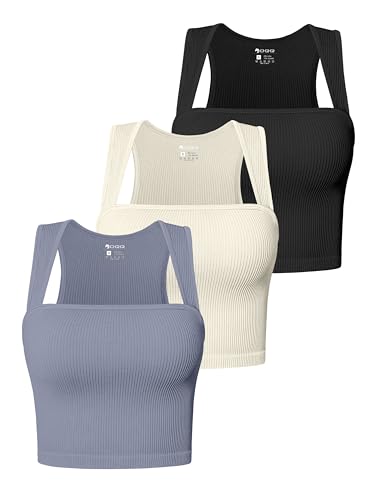 OQQ Women's 3 Piece Tank Tops Strappy Sleeveless Square Neck Stretch Tee Shirts Crop Camis - Blues,beige,black - X-Large