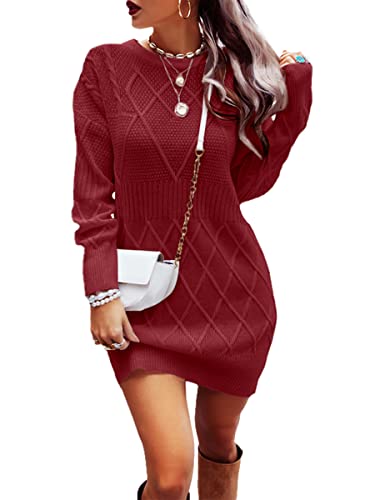Dyexces Womens Sweater Dress Long Sleeve Crewneck Diamond Knit Sweater Dresses Sexy Slim Fit Pullover Dress - X-Large - Wine Red