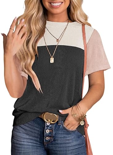 BLENCOT Women Tops Color Block Crewneck Casual Oversized Tshirts Knit Summer Tees Blouse S-2XL - X-Large - White Black