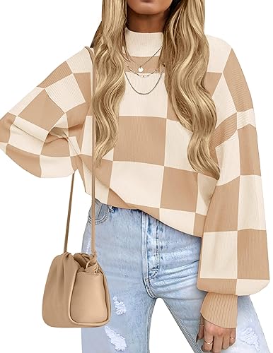 ZESICA Women's 2024 Fall Fashion Turtleneck Long Sleeve Striped Ribbed Knit Loose Pullover Sweater Tops - Khakiplaid - X-Large