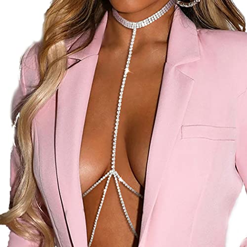 Woeoe Sparkly Rhinestone Bra Chain Silver Crystal Chest Chains Sexy Nightclub Beach Party Rave Body Chain for Women and Girls - Contemporary