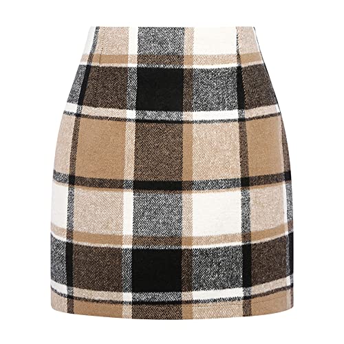 Kinghua Womens Wool Plaid Mini Skirt Fall Winter High Waisted Bodycon Pencil Skirt - Brown New - XX-Large