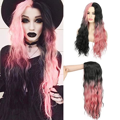 Swiking Half Pink Half Black Wigs for Women Long Curly Wave Synthetic Hair Heat Resistant Natural Full Wig for Daily Party Cosplay Halloween - Half Pink Half Black