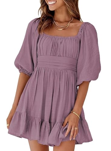 Dokotoo Womens Summer Dresses Square Neck Tie Back Lantern Sleeve Ruffle A-Line Casual Dress - X-Large - 7 Purple