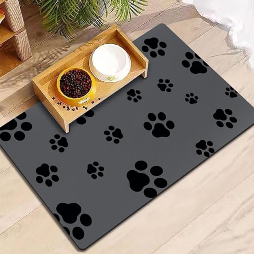 18"×30" Dog Food Mat-Absorbent Dog Mat for Food and Water, No Stains Quick Dry Cat Dog Food Bowl Mat Non Skid Dog Feeding Mat with Footprints for Messy Drinkers,Dark Grey - 18"×30" - Dark Gray-JY
