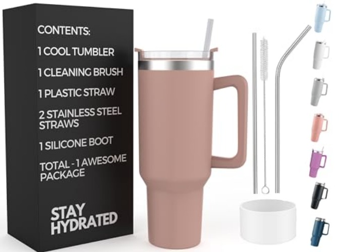 RE TECH UK - 40oz Tumbler With Straw And Lid + 2 Stainless Steel Straws & Silicone Boot, 1.2 Litres, Insulated Cup With Straw And Lid - Travel Mug With Handle - Travel Tumbler With Straw And Lid, Nude - Nude