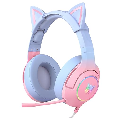 PHNIXGAM Gaming Headset for PS4, PS5, Xbox One(No Adapter), Cat Ear Headphones with Noise Cancelling Microphone, RGB Backlight, Surround Sound for PC, Mobile Phone, Gradient Pink Blue - Gradient Pink Blue