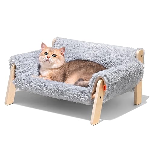 MEWOOFUN Large Cat Bed Sturdy Wooden Leg Raised Cat Sofa Bed Kitten Bed for Indoor Cats - Stylish Soft Cat Couch with Removable Cover Hold up 11kg, 56x45cm Grey - 56x45x27cm - Grey