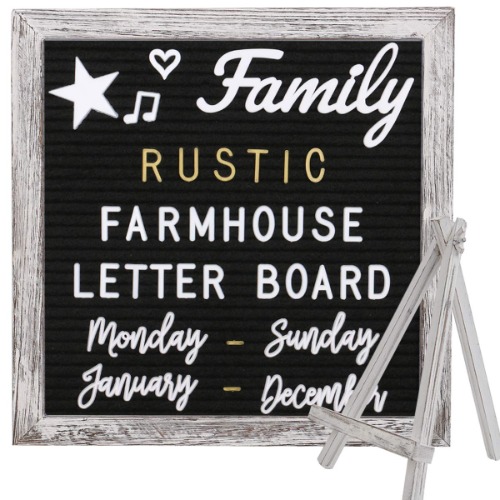 Farmhouse Rustic Black Felt Letter Board 10x10 Inches with Stand Easel + 748 Pre-Cut Letters + 11 Cursive Words Shabby Chic Wood Frame Changeable Message Board with Letters (White and Metal Gold) Office Business Sign Boards Home Décor Felt Board