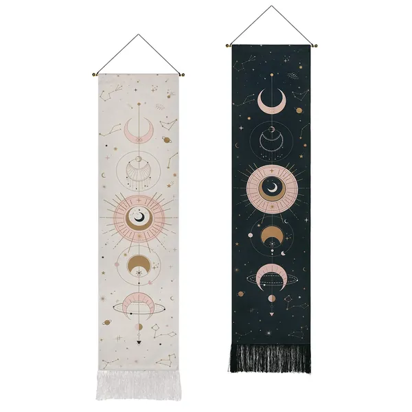 2 Pack Moon Phase Tapestry Moon Tapestry Wall Hanging Art Bohemian Tapestries Black and White Tapestry for Room (Black+White, 12.8 x 51.2 inches) - Black and White 12.8" x 53.1"