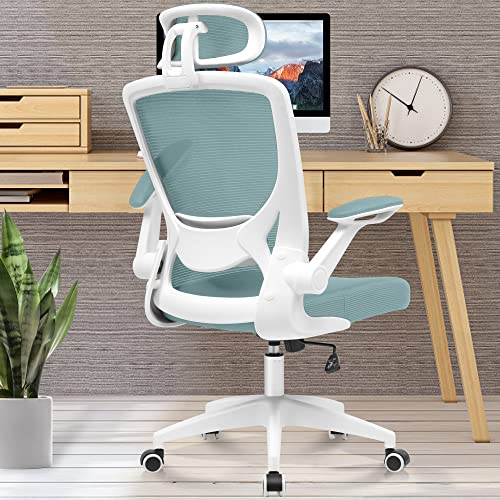 KERDOM Ergonomic Office Chair, Breathable Mesh Desk Chair, Lumbar Support Computer Chair with Headrest and Flip-up Arms, Swivel Task Chair, Adjustable Height Gaming Chair - Lightblue - 9060H