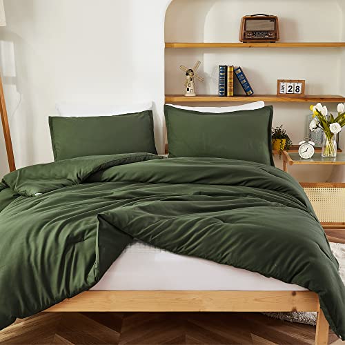 Litanika Dark Olive Green Comforter Set Full, 3 Pieces Boho Solid Bedding Comforter Set, All Season Boys Men Women Fluffy Bed Set (79x90In Comforter & 2 Pillowcases) - Full (79"x90") - Olive Green