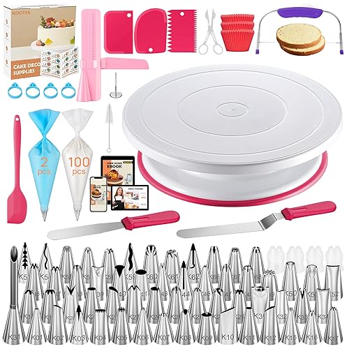 Kootek 230PCs Cake Decorating Kits, Baking Supplies Tools with Cake Stand Turntable, Piping Bags and Tips, Cake Leveler, Frosting Icing Spatulas & More Accessories for Cake Cupcake Decorations - 230 - Pink