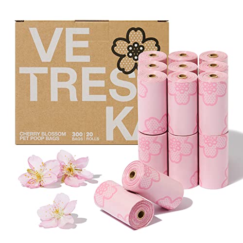 VETRESKA Cherry Blossom Scented Dog Poop Bags, Leak Proof, Extra Thick and Large Dog Waste Bags for Dog Walking and Cat Litter, 20 Refill Rolls, 300 Bags, Pink - Cherry Blossom 300 Bags