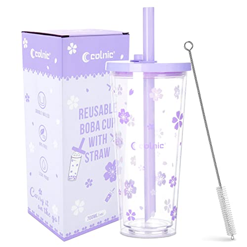 Colnic Reusable Boba Cup With Lids And Straws, 24OZ/700ml Smoothie Cups, Iced Coffee Cup, Leakproof Kawaii Cup, Bubble Tea Cup, Boba Cups With Boba Reusable Straw, Double Wall Tumbler (Purple) - Purple