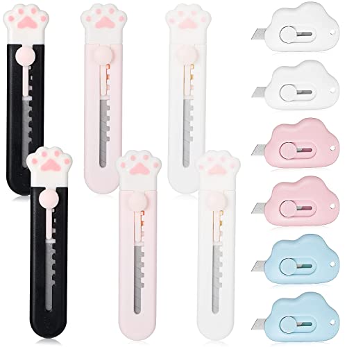 12 Pieces Cute Box Cutter Utility Retractable Knives, 6 Cartoon Cat Claw Box Cutters Pointed, 6 Cloud Pointed Cute Cardboard Cutter Razor Knife Smooth Pointed Mechanism for Office and Home Use