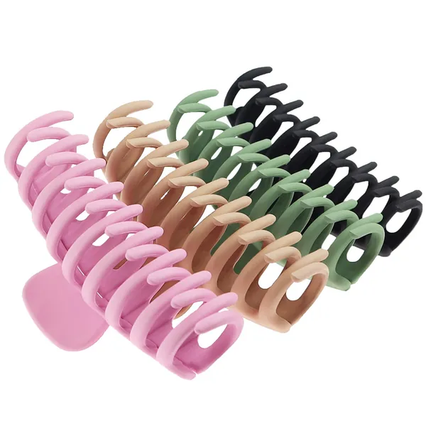TOCESS Big Hair Claw Clips for Women Large Claw Clip for Thin Thick Curly Hair 90's Strong Hold 4.33 Inch Nonslip Matte Hair Clips (4 Pcs) - Black, Khaki, Pink, Green