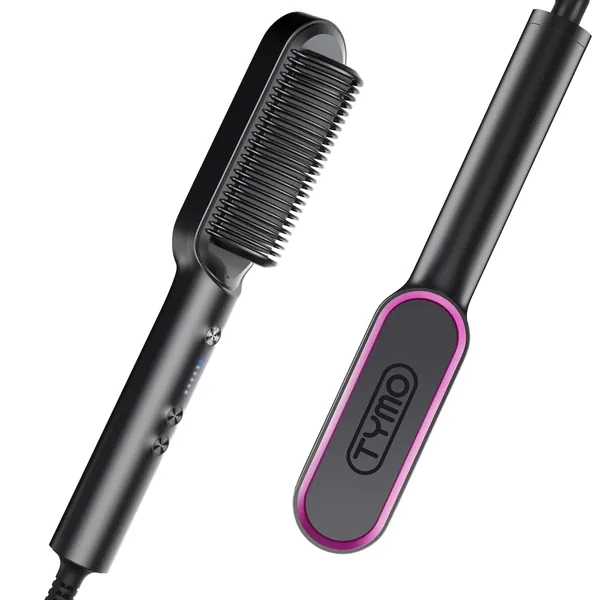 Hair Straightener Comb Matte Black, TYMO Hair Straightener Brush Straightening Comb for Women with 5 Temp 20s Fast Heating & Anti-Scald - Black