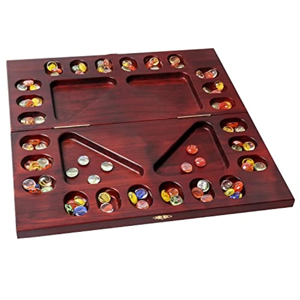 GSE 4-Player Mancala Board Game with Multi-Color Glass Stones, Folding Wooden 4-Way Mancala Family Travel Strategy Games Set for Kids & Adults (Mahogany)
