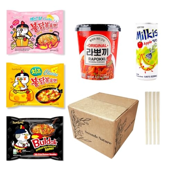 Journey of Asia "Korean Spicy Ramen Box" | 3 Buldak Ramen "Original, Cheese, Carbo +1 Korean Spicy Rice Cake Tteokbokki +1 Korean Sweet Drink + 4 Chopsticks | Asian Snack Box Gift