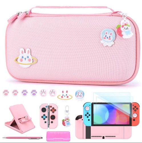 Switch Fodral för NS Switch - 18 i 1 NS Switch Tillbehör Bunt med Switch Bärväska, Switch Game Fodral, Switch Screen Protector, Switch Stand, Switch Thumb Grips (Rosa) - Rosa