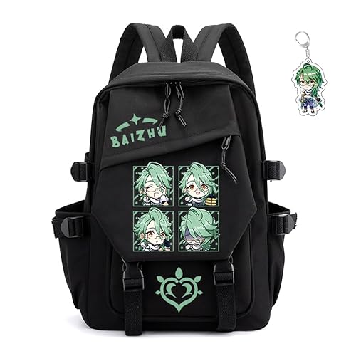 SodaMeow Genshin Impact Backpack Unisex Women Men Rucksack Furina Xiao Scaramouche Kawaii Backpack, Free Keychain (Black-Baizhu) - Black-baizhu