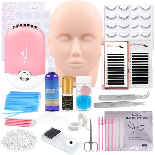Eyelash Extension Kit, Professional Lashes Extension Exercise Tools, Eyelash Grafting Training Set with Mannequin Head Eyelash Fan Dryer Glue Tweezers for Beginners Lashes Extension Practice