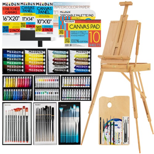 MEEDEN Deluxe All-in-one Art Painting Set with French Easel, 96 Paint Tubes, Paint Brushes Sets, Stretched Canvas & Panels, Art Supplies for Acrylic, Oil, Watercolor & Gouache Painting - 