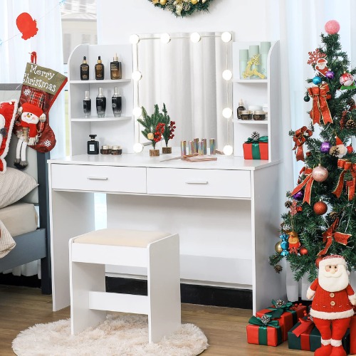 usikey Large Vanity Set for Christmas Day with 10 Light Bulbs, Makeup Vanity Table with 2 Drawers, 6 Storage Shelves & Cushioned Stool, Vanity Desk Vanity Table for Bedroom, White - White