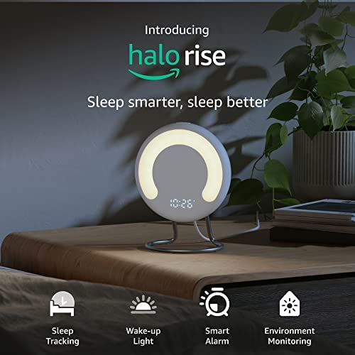 Introducing Amazon Halo Rise - Smart alarm clock with sleep tracking, sunrise wake light, sunset smart light, environmental monitors and guided meditations. Works with Alexa - 