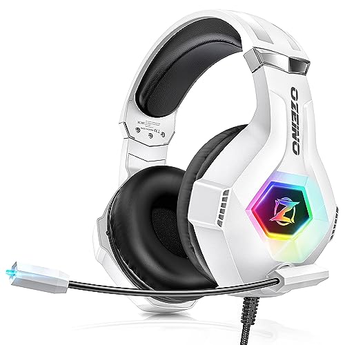 Ozeino Stereo Gaming Headset for PS4 PS5 PC Gaming Headphones with Deep Bass, Flexible Noise Cancelling Microphone, Soft Memory Earmuffs, LED Light for Switch, Laptop, Xbox One - White