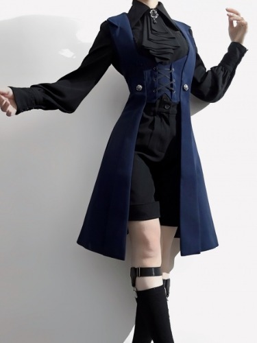 [$52.25]Blue Ouji Lolita Lace-up Closure Blazer Collar Long Waistcoat Ciel Phantomhive Vibes