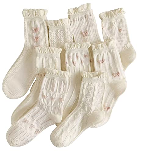 MarJunSep Women's Cute Vintage Floral Patterned Cotton Crew Socks Teen Girls Korean Kawaii Fancy Dress Socks - Medium - 9 Pairs C Pack