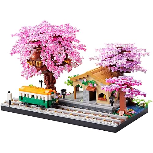 LUKHANG Japanese Cherry Blossom Train Station Micro Building Blocks Set - Creative Mini Bricks Model Kit for Adults and Kids (3668 PCS) with Figures - Sakura Train Station