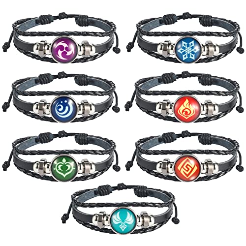 Genshin Impact Vision Bracelet 7 Pack, Animne Luminous Bracelet, Element Luminous Bracelets Glow in Dark, God's Eye Time Gem Bracelet of Fire, Ice, Wind, Grass, Rock, Thunder, Water, 9.5 inches, multi color amber
