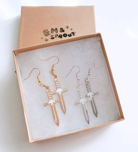 Dagger Skull Earrings - Your Choice of Gold or Silver