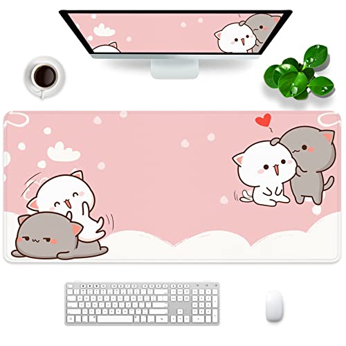 Pink Gaming Mouse Pad Cute Large Mouse Pad 35x15.7x0.12 inch Extra Large Rubber Mouse Pad Cat Theme Pink and White Mouse Pad (Pink -4) - Pink -4