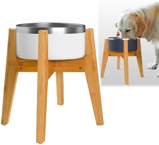 Dog Bowl Stand for Large Dogs - Use to Elevate Pet Food Bowls, and Raise Water Feeders, Dishes - [14-inch Tall] - For Bowls 8-11" [Height 14"] - Natural Bamboo-14A
