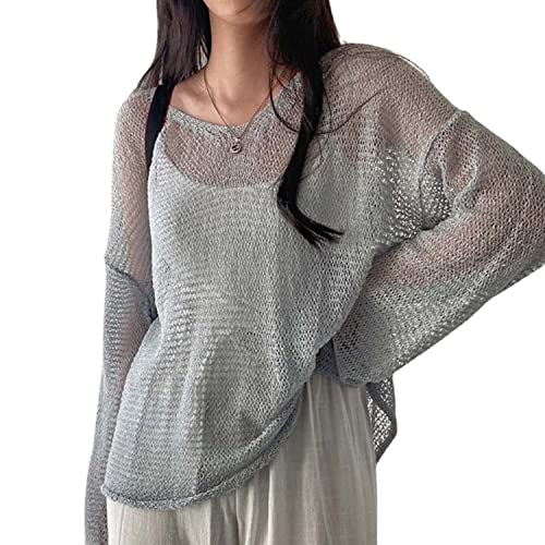 Sumleno 2023 Fairycore Cottagecore Clothing Fairy Grunge Aesthetic Crochet Top for Women Knitted Hollow Out Sweater Pullover - One Size - Blue