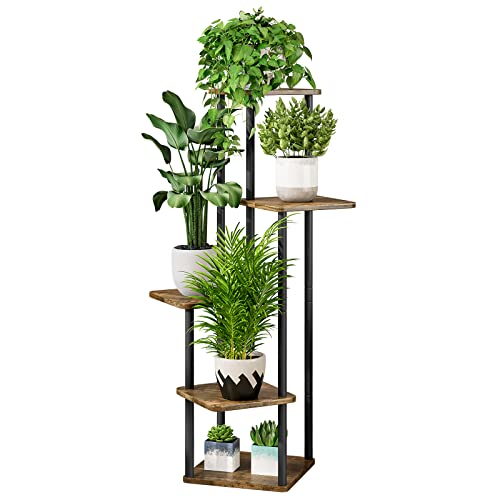 AZERPIAN Plant Stand 5 Tier Indoor Metal Flower Shelf for Multiple Plants Corner Tall Flower Holders for Patio Garden Living Room Balcony Bedroom, Black (5 Tier-Black) - 5 Tier-Black+Rustic Brown
