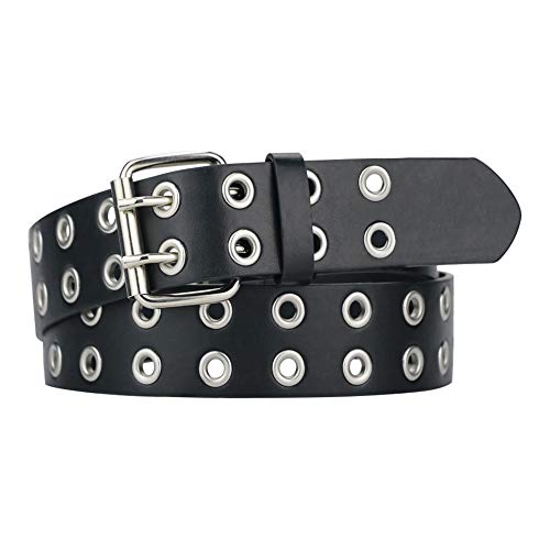 macoking Grommet Leather Belts for Women, Black Belt Women Men with Double Studded Holes - Black-double Holes - Fit for waist up to 33"