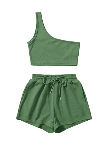 Verdusa Women's One Shoulder Tank Top and Lounge Shorts 2 Piece Tracksuit Set - Small - Light Green
