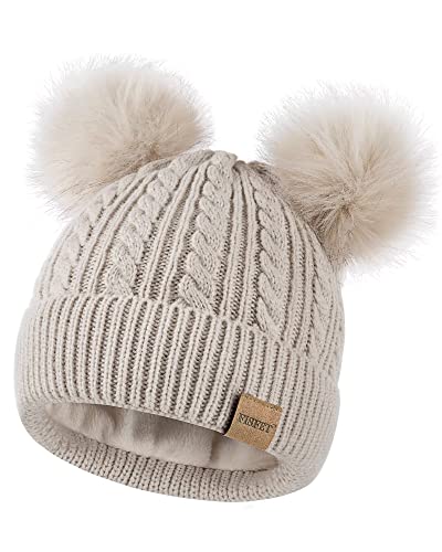 Beanies Women with Double Pom Pom, Winter Hats for Women Cold Weather Warm Knit Fleece Lined, Cute Beanie Cap for Daily Use - One Size - Oatmeal