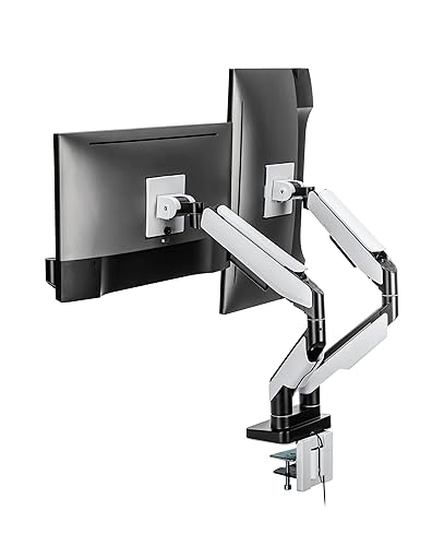 POUT E19 Dual Heavy-Duty RGB Ultrawide Monitor Arm - Fully Adjustable Full Motion Tilt Swivel Rotate Desk Mount Stand - 20 RGB LED Colors - Holds 5-44lbs 17-35 Inch Per Display (White/Black) - White/Black